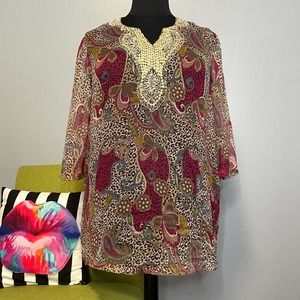 Ulla Popken Floral Animal Print Beaded Tunic Top 16/18